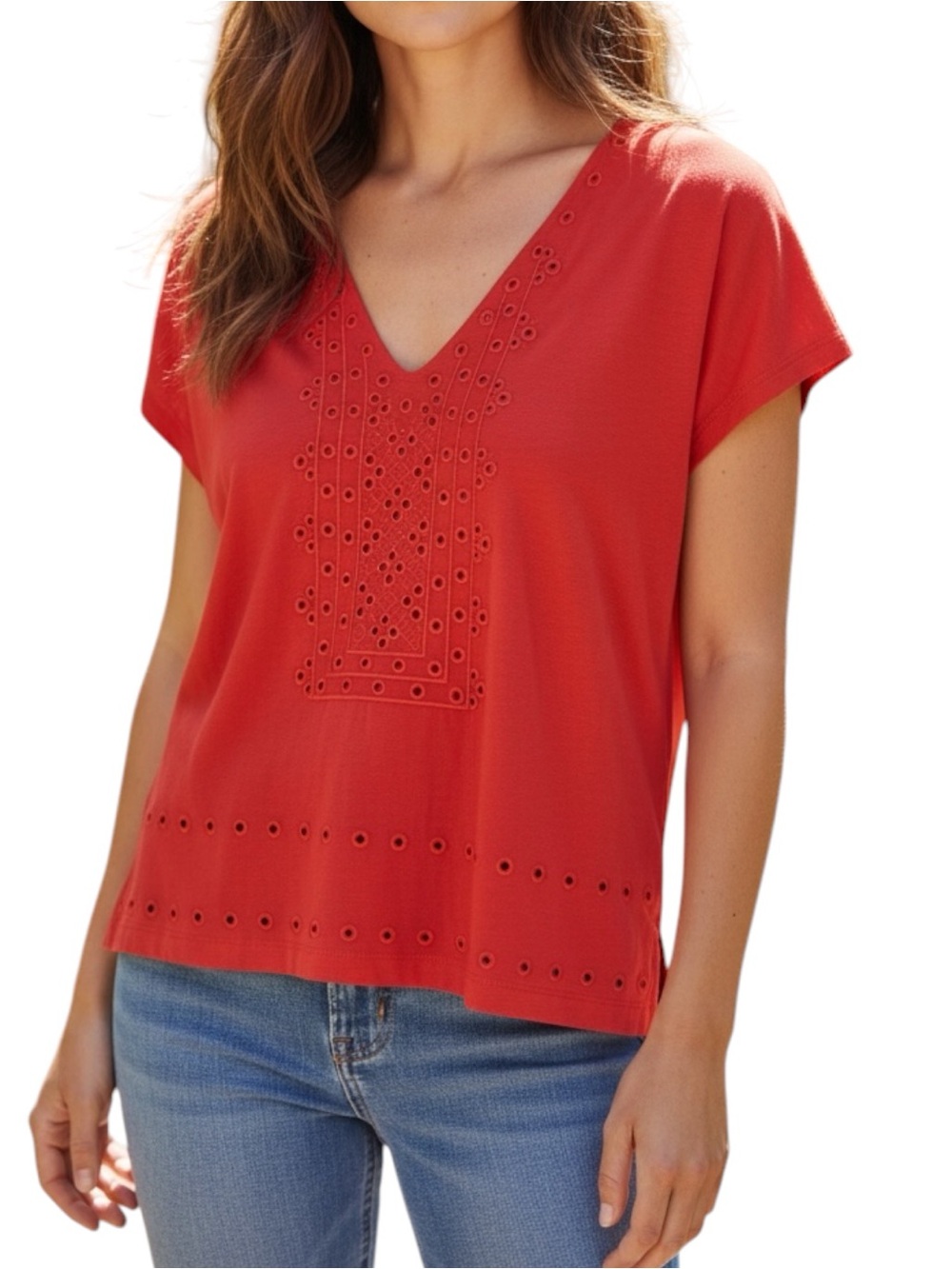 J. Crew Sz SMALL MEDIUM Boxy Fit Orange Red Eyelet V-Neck Cotton Blouse Top